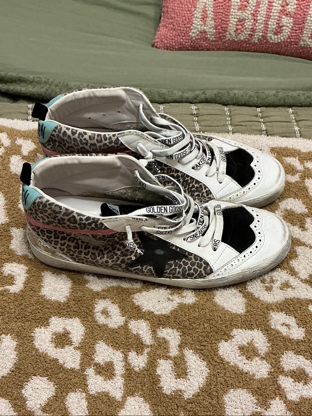 Golden Goose womens White Leopard-Print Sneakers with Black Star and Pink Accent